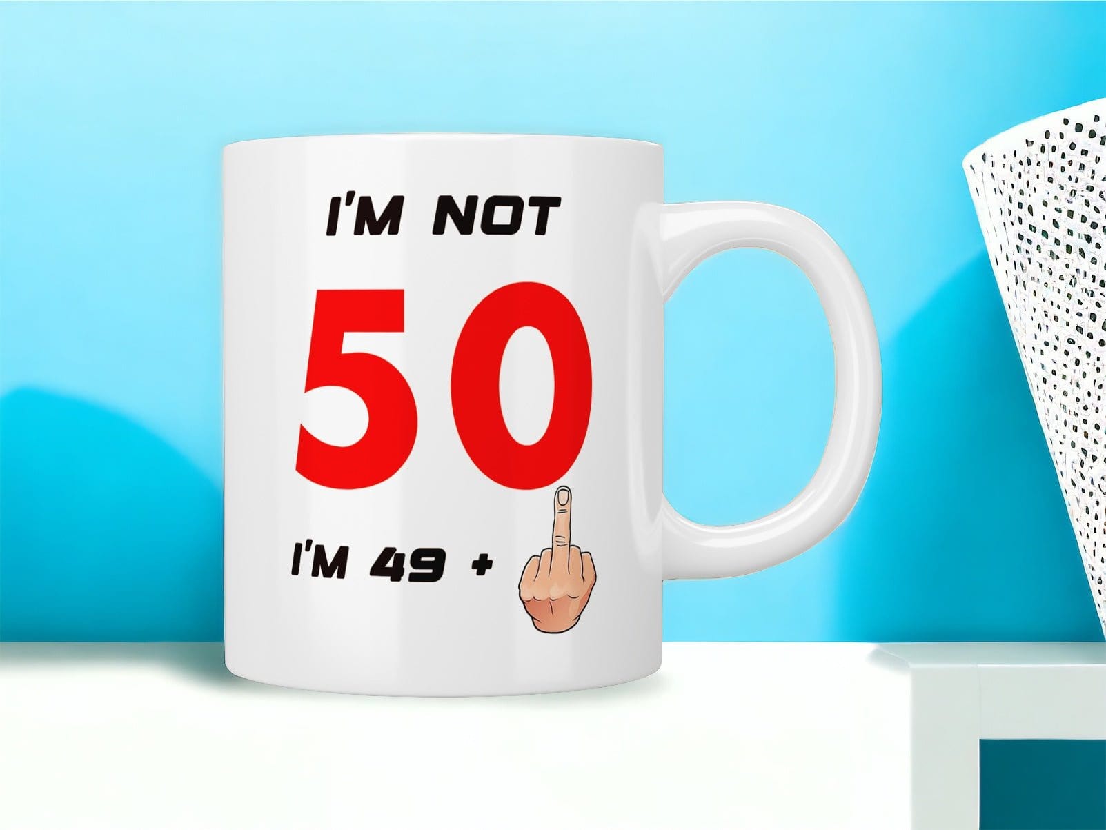 50th Birthday: I’m not 50 I’m 49+1 (middle finger) mug - Jazzy Giraffe Mug