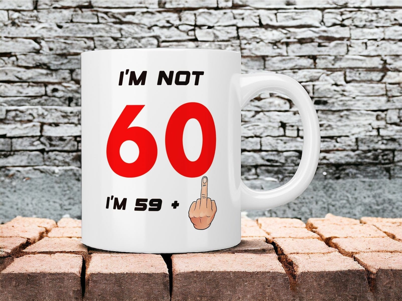 60th Birthday: I’m not 60 I’m 59+1 (middle finger) mug - Jazzy Giraffe Mug