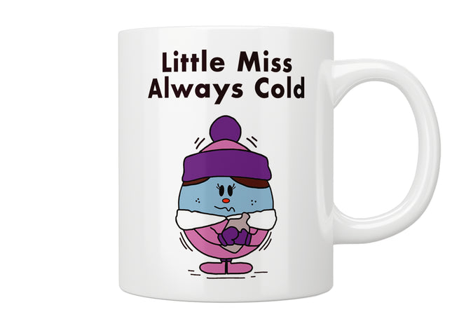 White mug with cartoon character wearing a purple hat and text 'Little Miss Always Cold' on a white background