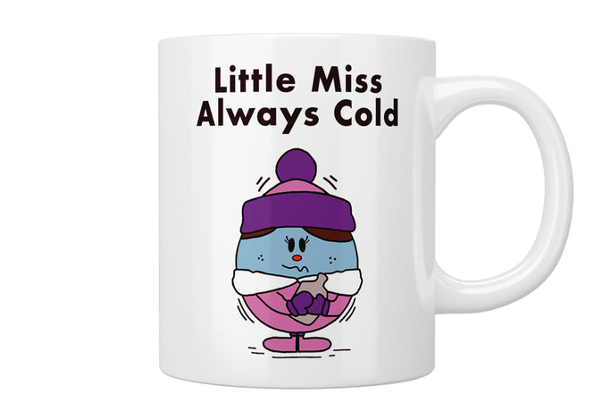 White mug with cartoon character wearing a purple hat and text 'Little Miss Always Cold' on a white background