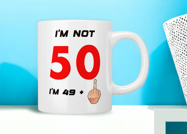 50th Birthday: I’m not 50 I’m 49+1 (middle finger) mug - Jazzy Giraffe Mug