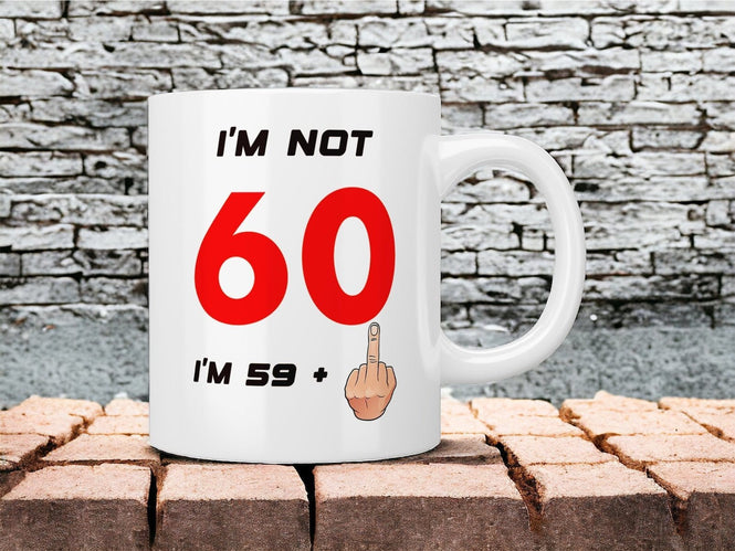 60th Birthday: I’m not 60 I’m 59+1 (middle finger) mug - Jazzy Giraffe Mug