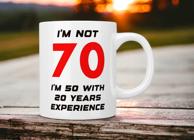 70th Birthday: I’m not 70 I’m 50 with 20 years experience mug - Jazzy Giraffe Mug