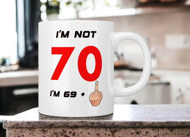 70th Birthday: I’m not 70 I’m 69+1 (middle finger) mug - Jazzy Giraffe Mug