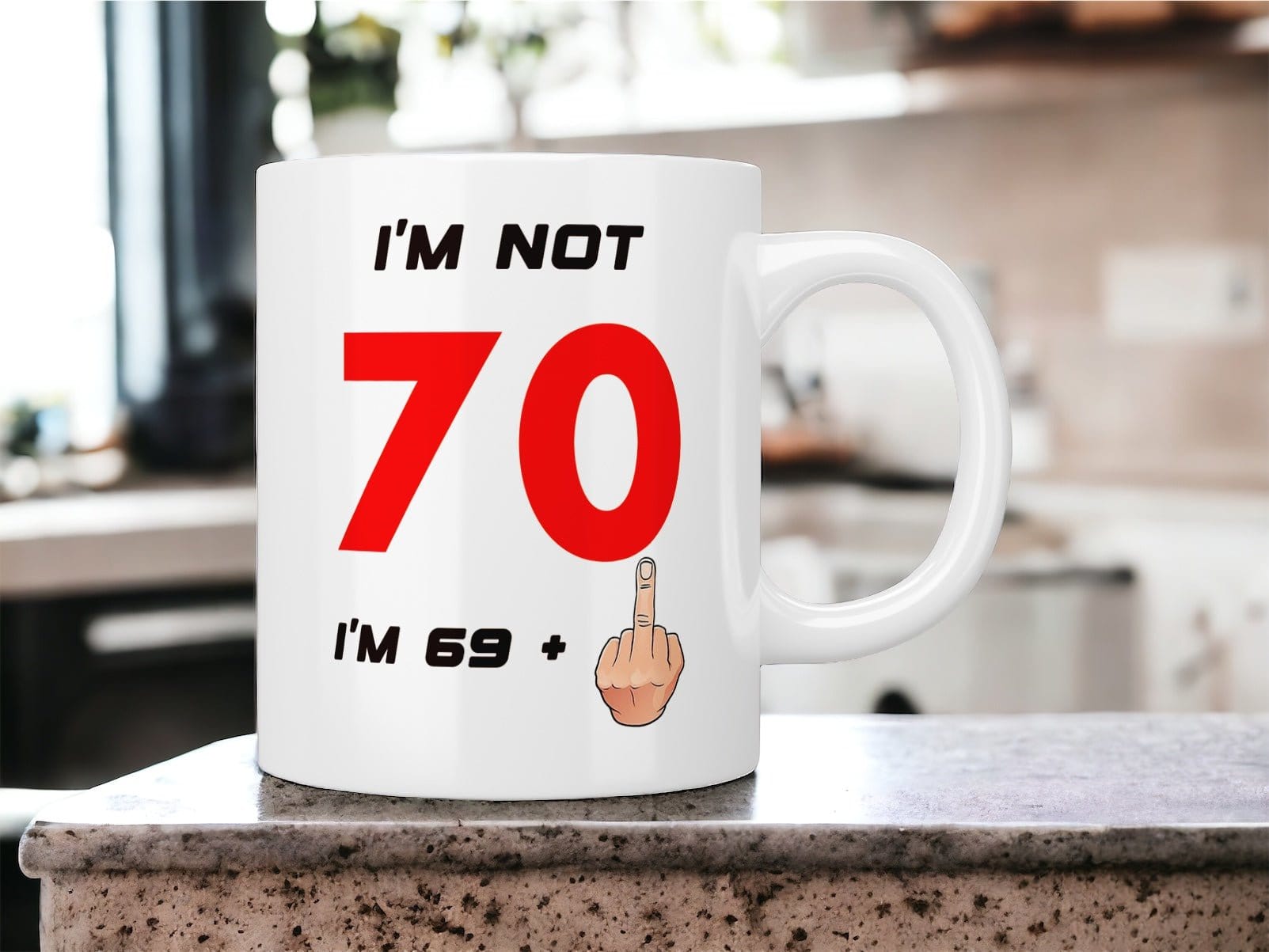70th Birthday: I’m not 70 I’m 69+1 (middle finger) mug - Jazzy Giraffe Mug