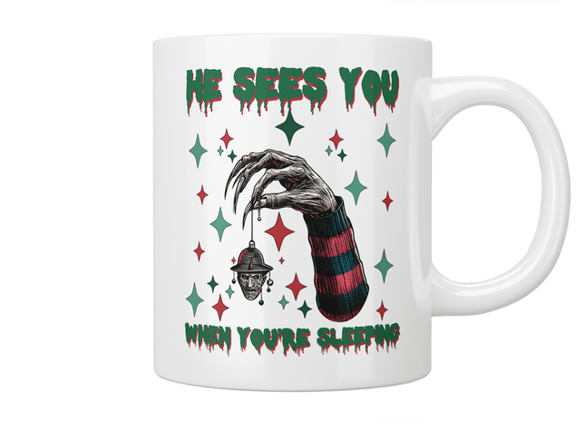 He Sees You When You're Sleeping - Freddy Krueger Christmas Mug - Jazzy Giraffe Mug