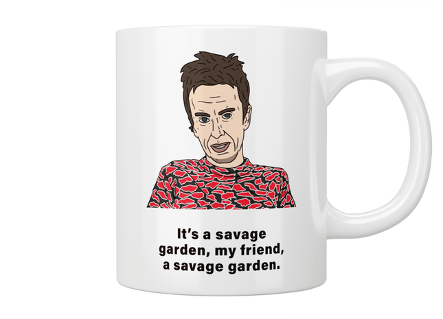 Peep Show: Super Hans "It's A Savage Garden" Quote Mug - Jazzy Giraffe Mug